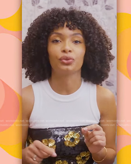 Yara Shahidi's black floral sequin top on The Drew Barrymore Show