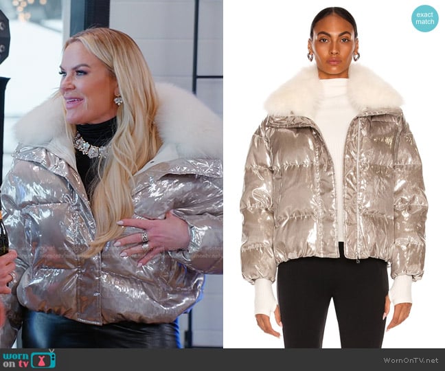 Yves Salomon Fox Collar Puffer Jacket worn by Heather Gay on The Real Housewives of Salt Lake City