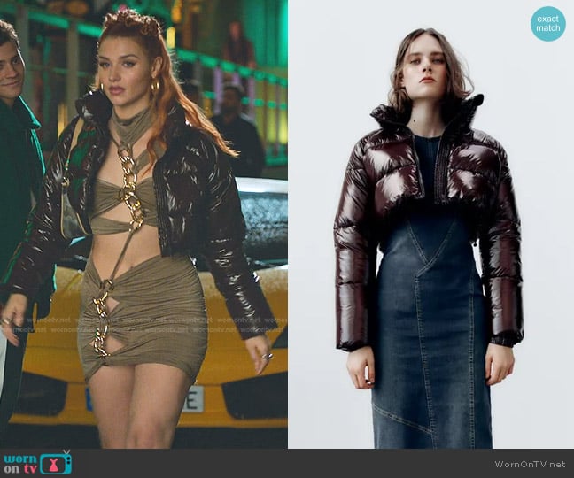 Zara Shiny Cropped Puffer Jacket in Brown worn by Chloe (Mirela Balic) on Elite