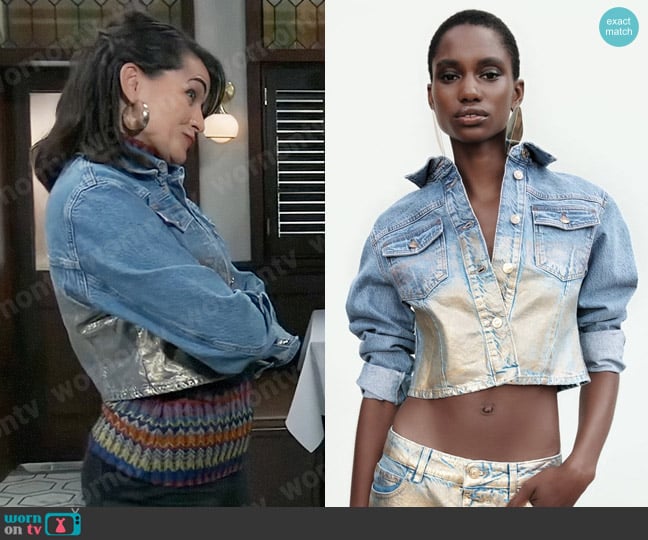 Zara Cropped Metallic Denim Jacket worn by Lois Cerullo (Rena Sofer) on General Hospital