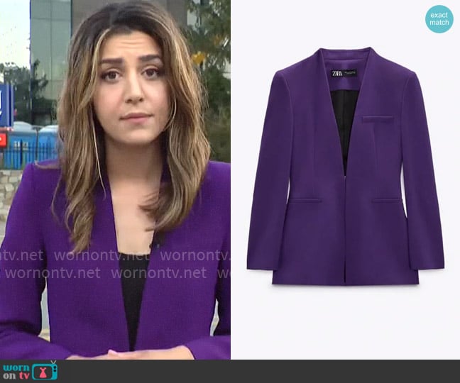 Zara Lapelless Fitted Blazer in Purple worn by Nicole Sganga on CBS Mornings