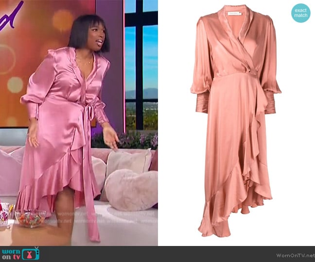 Zimmermann Plunge-neck wrap-over silk midi dress worn by Jennifer Hudson on The Jennifer Hudson Show