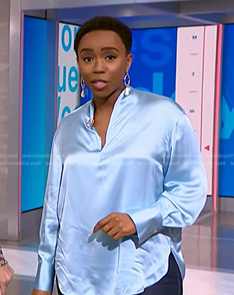 WornOnTV: Zinhle’s light blue satin blouse on NBC News Daily | Zinhle ...
