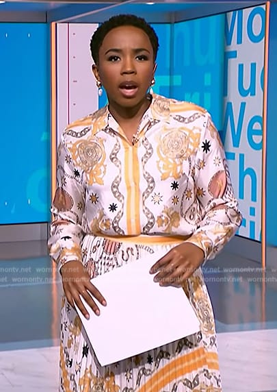 Zinhle’s white print shirt and pleated skirt on NBC News Daily