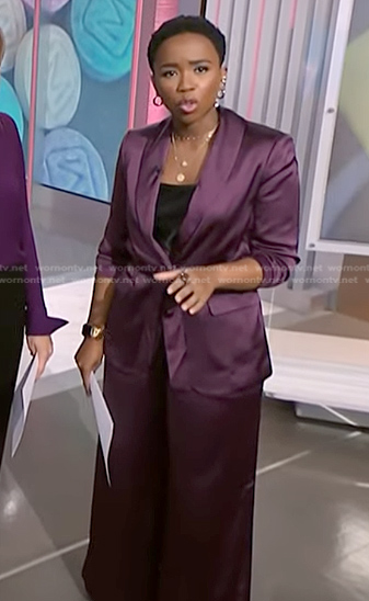 Zinhle’s purple satin blazer and wide leg pants on NBC News Daily