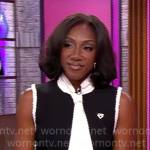 Ziwe’s black and white tie neck dress on CBS Mornings