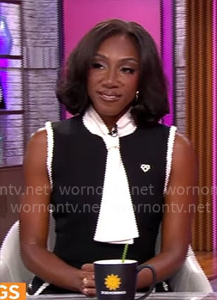 Ziwe's black and white tie neck dress on CBS Mornings