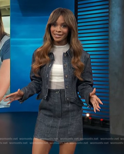 Zuri's denim jacket and mini skirt on Access Hollywood