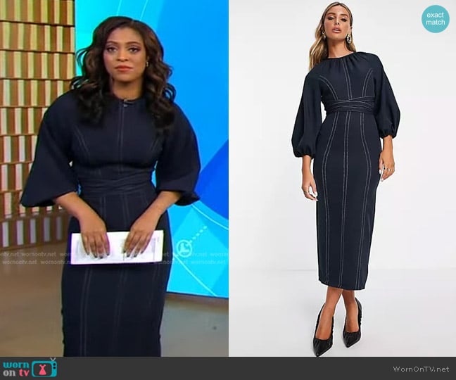 WornOnTV: Morgan Norwood’s navy dress with white stitching on Good ...