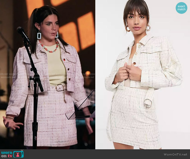 Asos Exaggerated Sleeve Boucle Suit Blazer and Skirt worn by Julia Roome on The Voice