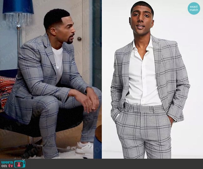 ASOS Design Skinny suit jacket in large scale blue check worn by Calvin Rodney (Anthony Dalton) on Tyler Perrys Sistas