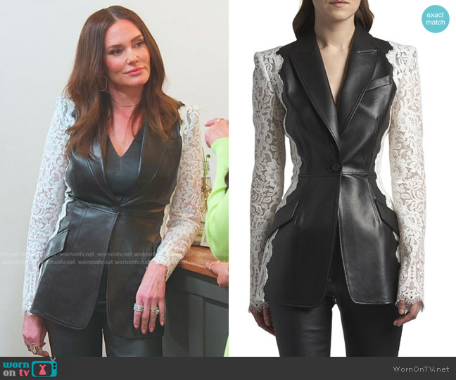 Alexander McQueen Leather Jacket with Lace Sleeves worn by Meredith Marks on The Real Housewives of Salt Lake City