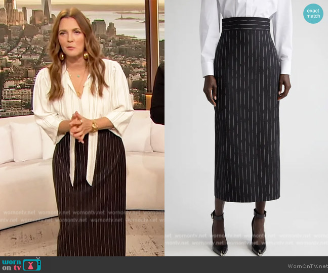 Alexander McQueen Chalk Stripe Wool Pencil Skirt worn by Drew Barrymore on The Drew Barrymore Show