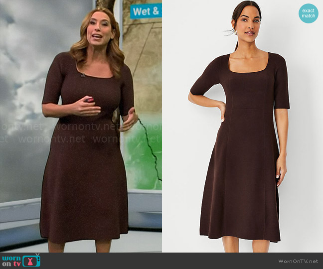 Ann Taylor Ribbed Square Neck Sweater Dress in Pure Chocolate worn by Stephanie Abrams on CBS Mornings