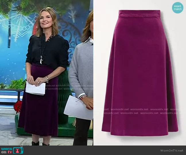 Aross Girl x Soler Alma Cotton-Velvet Midi Skirt worn by Savannah Guthrie on Today