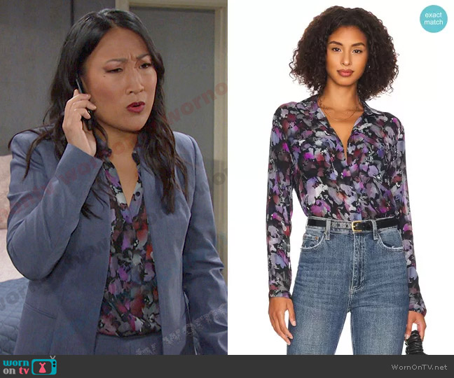 Bella Dahl Full Button Down Hipster Shirt in Evening Floral worn by Melinda Trask (Tina Huang) on Days of our Lives