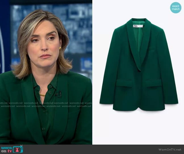 Zara Blazer with Tuxedo Collar in Green worn by Margaret Brennan on CBS Evening News