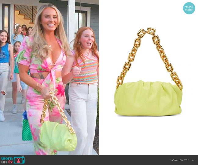 Bottega Veneta Chain Shoulder Pouch Bag in seagrass worn by Whitney Rose on The Real Housewives of Salt Lake City