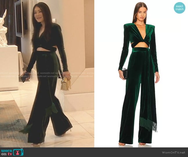 Bronx and Banco Cleopatra Velvet Wrap Top and Pant  worn by Crystal Kung Minkoff on The Real Housewives of Beverly Hills