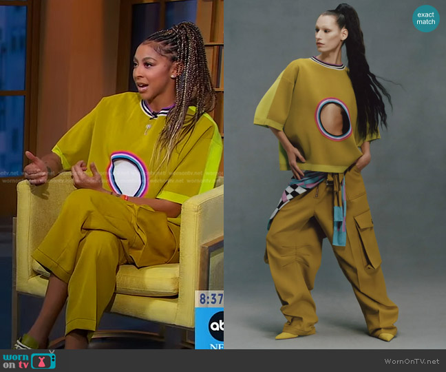 Christopher John Rogers Seaweed Hole Punch Knit T-Shirt and Cargo Pants worn by Candace Parker on Good Morning America