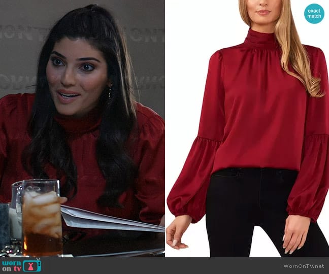 CeCe Mock Neck Blouson Sleeve Blouse in Mulberry worn by Brook Lynn Quartermaine (Amanda Setton) on General Hospital