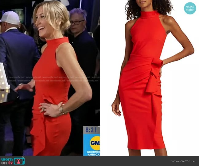 Chiara Boni La Petite Robe Halter Ruffle Midi Dress in Geranium worn by Lara Spencer on Good Morning America