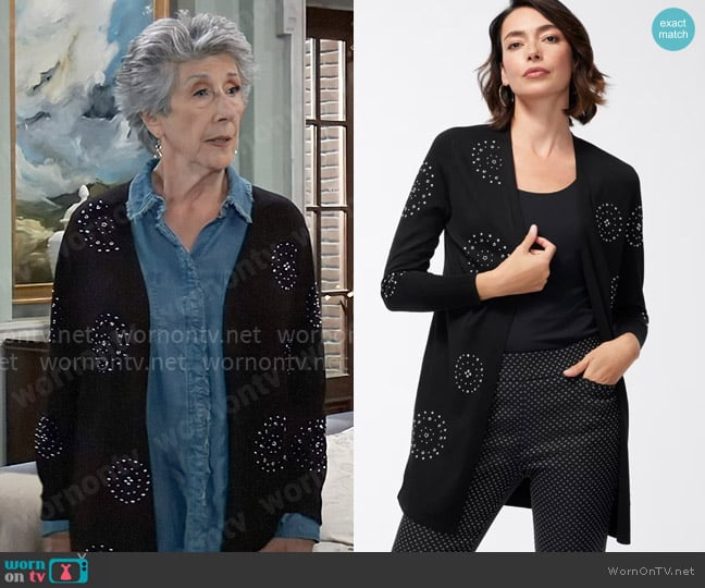 Chicos Spun Rayon Embellished Cardigan worn by Ellen Travolta (Gloria Cerullo) on General Hospital