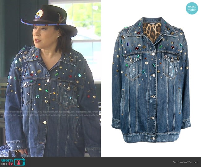 Dolce & Gabbana Embellished Denim Jacket worn by Jennifer Tilly on The Real Housewives of Beverly Hills