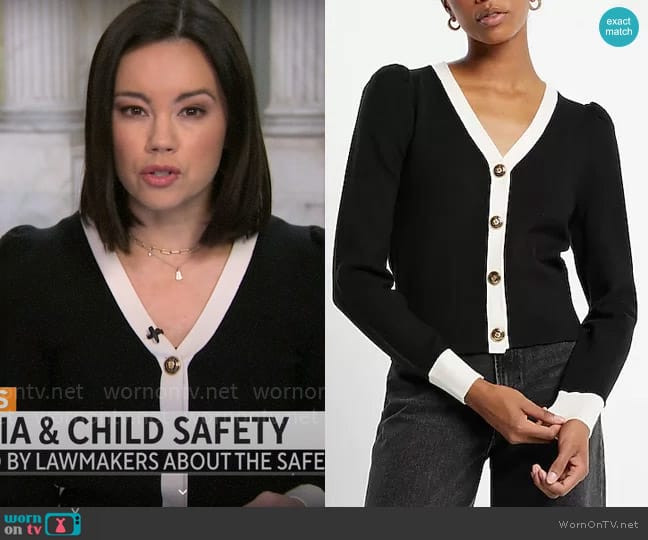 Express Tipped Novelty Button Puff Sleeve Cardigan worn by Jo Ling Kent on CBS Mornings