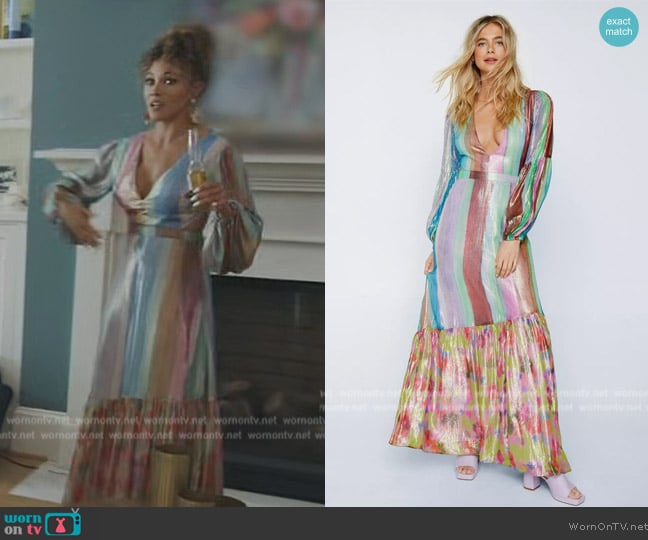 Nasty Gal Floral Border Print Open Back Metallic Maxi Dress worn by Ashley Darby on The Real Housewives of Potomac