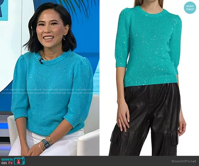 Generation Love Mia Sequin Sweater in Scuba Blue worn by Vicky Nguyen on Today