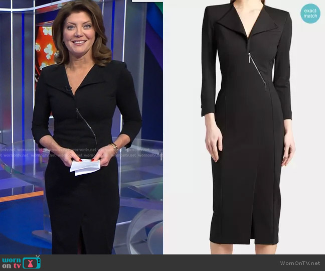 Giorgio Armani Asymmetric Zip Sheath Dress worn by Norah O'Donnell on CBS Evening News