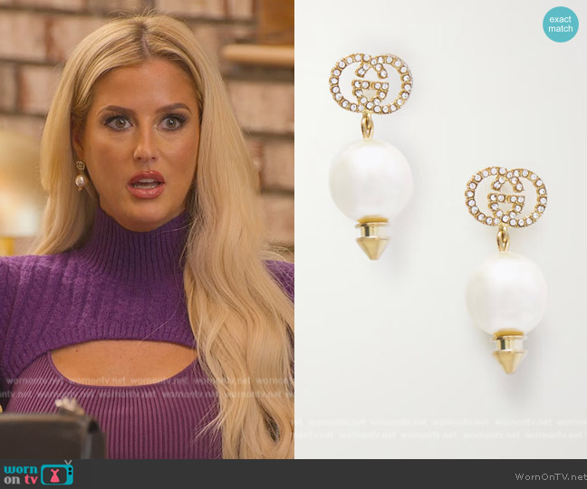 Gucci GG gold-tone, crystal and faux pearl earrings worn by Emma Hernan on Selling Sunset