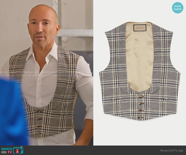 Gucci HA HA HA Checked Vest worn by Jason Oppenheim on Selling Sunset