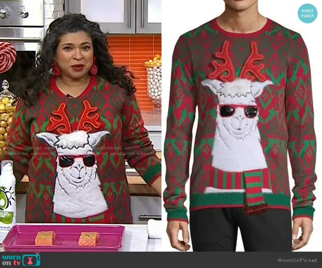 Holiday Time Llama with Scarf and Sunglasses Ugly Christmas Sweater worn by Aarti Sequeira on Today