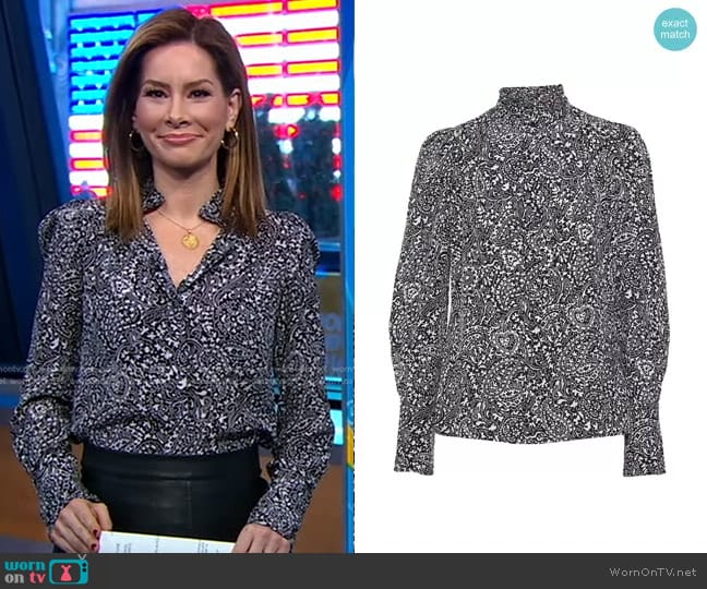 Isabel Marant Lamia Printed High-neck Blouse in Black worn by Rebecca Jarvis on Good Morning America