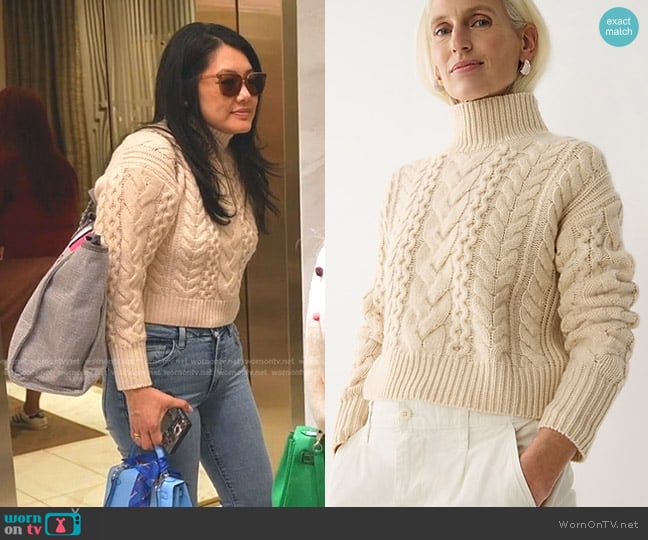 J. Crew Cashmere Cropped Cable-Knit Turtleneck Sweater in Heather Natural worn by Crystal Kung Minkoff on The Real Housewives of Beverly Hills