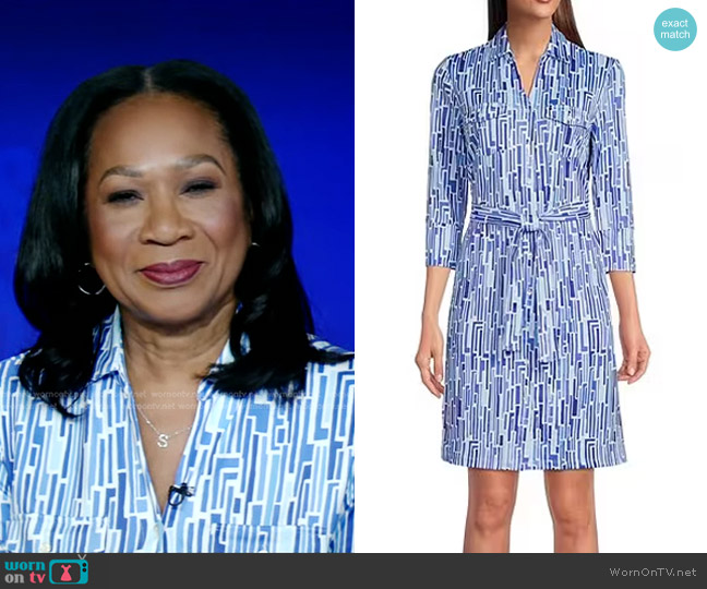 WornOnTV: Sandra Bookman’s blue and white geometric print dress on Good ...