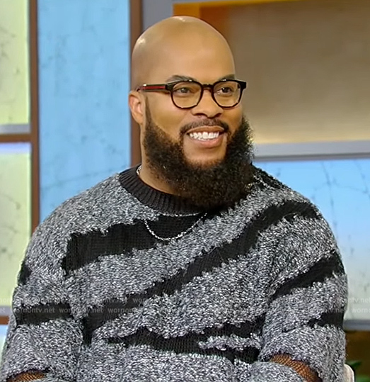 JJ Hairston’s gran zebra stripe sweater on Tamron Hall Show