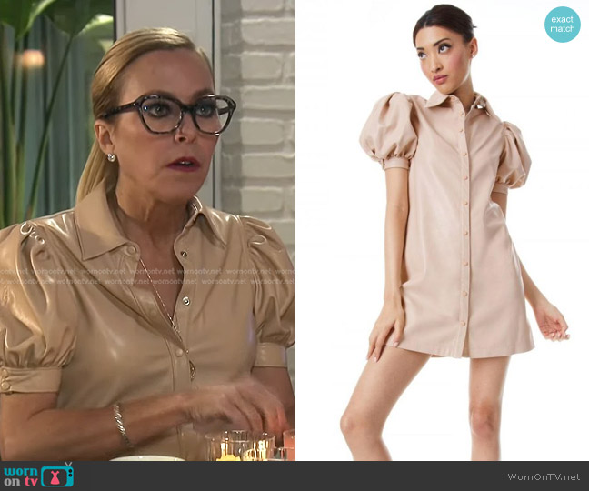 Alice + Olivia Jem Vegan Leather Puff Sleeve Shirt Dress in Almond worn by Sutton Stracke on The Real Housewives of Beverly Hills