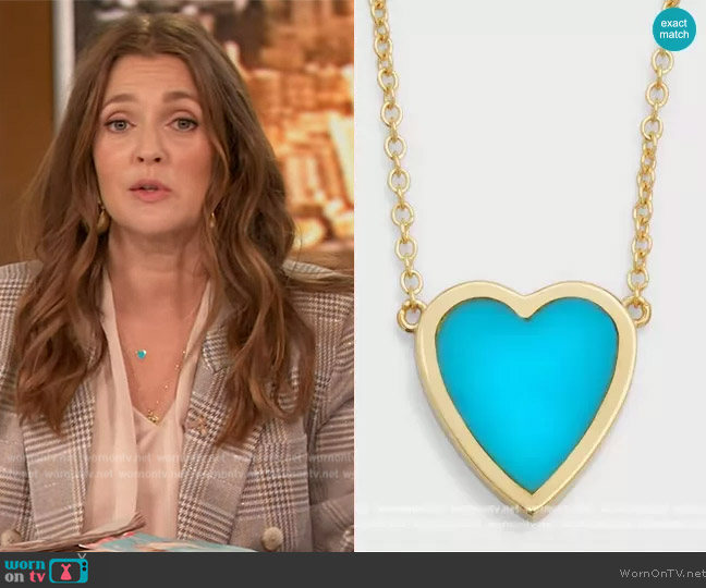 Jennifer Meyer 18k Mini Inlay Heart Necklace worn by Drew Barrymore on The Drew Barrymore Show