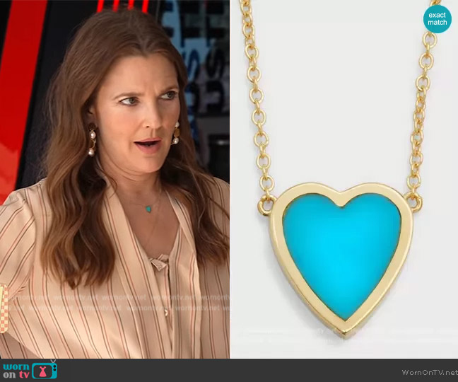 Jennifer Meyer 18k Mini Inlay Heart Necklace worn by Drew Barrymore on The Drew Barrymore Show