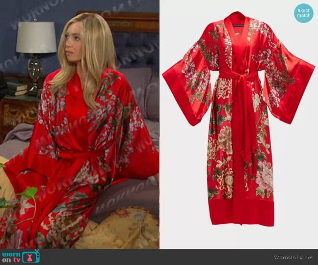 Josie Natori Kairaku Tasseled Floral-Print Satin Robe worn by Theresa Donovan (Emily O'Brien) on Days of our Lives