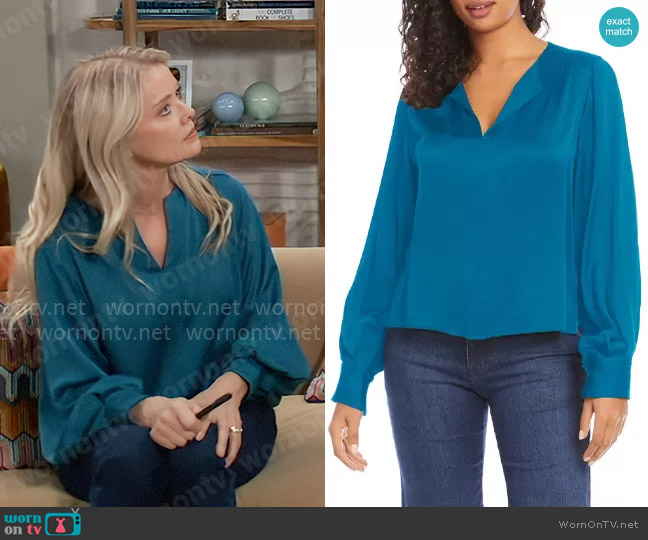 Karen Kane Split Neck Blouse in Teal worn by Felicia Scorpio (Kristina Wagner) on General Hospital