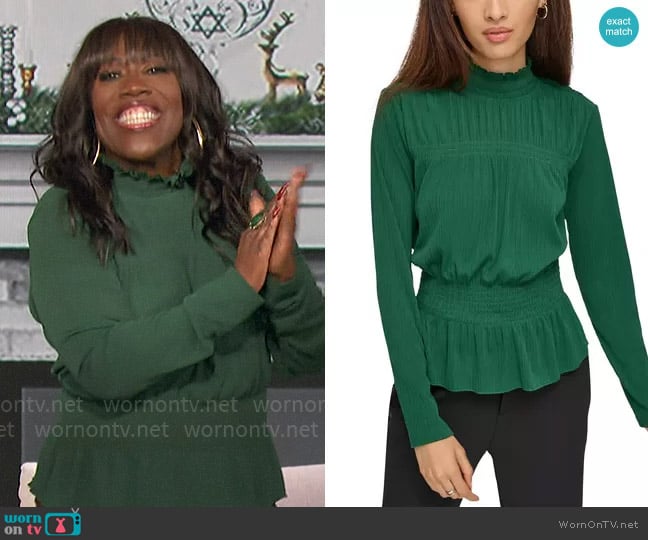 Karl Lagerfeld Paris Ruffle-Neck Smocked-Waist Top worn by Sheryl Underwood on The Talk