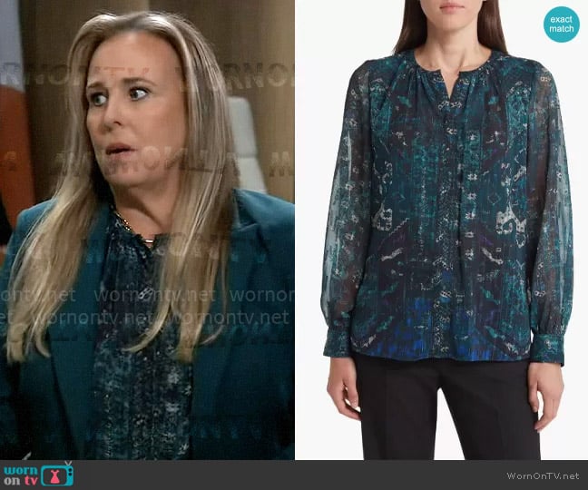 Kobi Halperin Shai Blouse in Sea Moss worn by Laura Collins (Genie Francis) on General Hospital