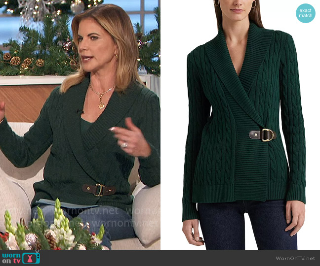 LAUREN Ralph Lauren Cable Knit Buckled Sweater in Season Green worn by Natalie Morales on The Talk