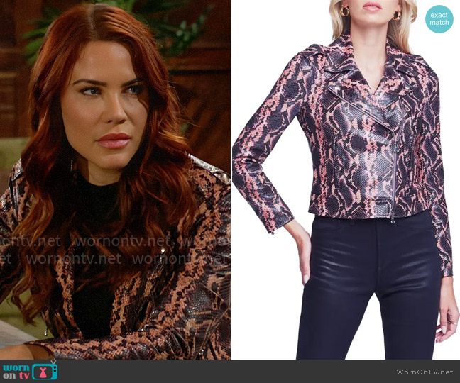 L'Agence Dusty Pink Snakeskin Print Leather Biker Jacket worn by Sally Spectra (Courtney Hope) on The Young and the Restless