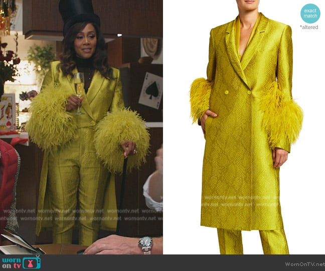 LaPointe Snake Jacquard Long Coat with Ostrich Feather Cuffs worn by Lola Carmichael (Simone Missick) on All Rise