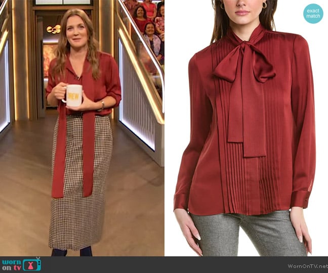 Lafayette 148 Red Tie Neck Blouse worn by Drew Barrymore on The Drew Barrymore Show